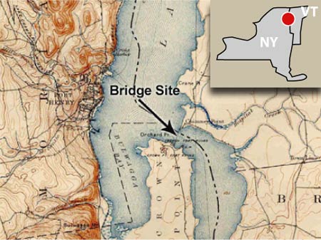 1896 Map illustrating the crossing of the Lake Champlain Bridge